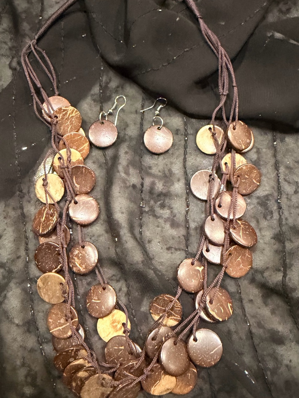 Brown Coconut Disk Multi-Strand Necklace & Earrings Set